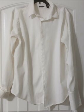 Y2K Structure Sz L Men’s Premium Woven Cream Ribbed Button Down Shirt Dbl Cuffs